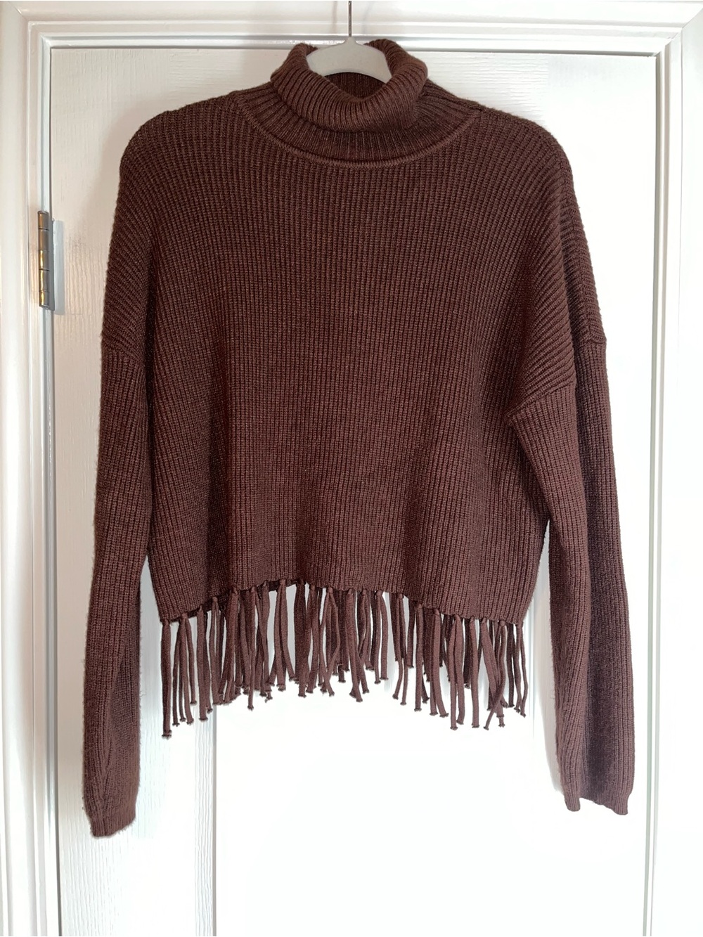 Pink Lily Chocolate Brown Fringe Hem Turtleneck Sweater